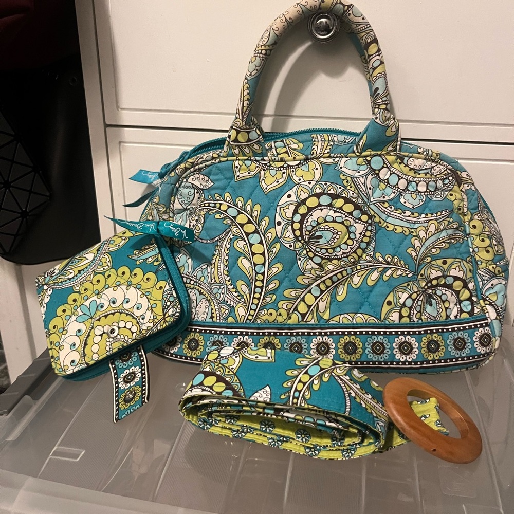 Vera Bradley Blue/Lime Small Duffle Bag Set Wallet and Belt